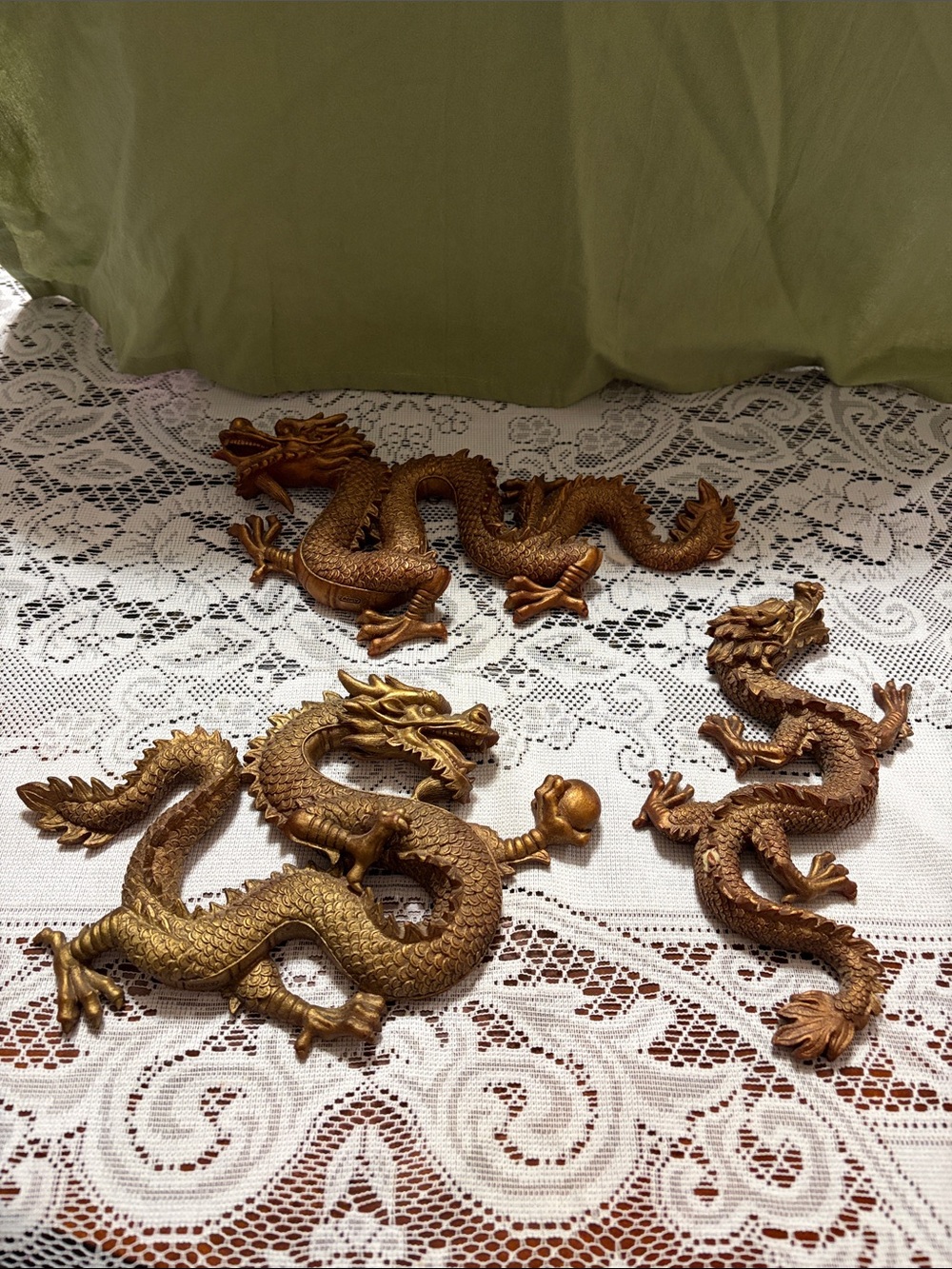 Set of 3 Vintage Decorative Oriental Dragon Wall Accents - Antique Gold Color